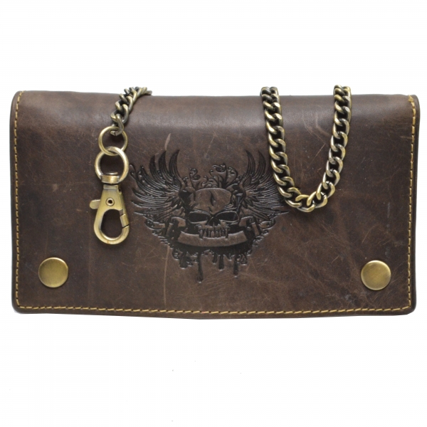 flevado Wild Büffel Leder Geldbörse Scull Totenkopf Biker Wildleder Brieftasche mit Kette (Braun) RFID Schutz